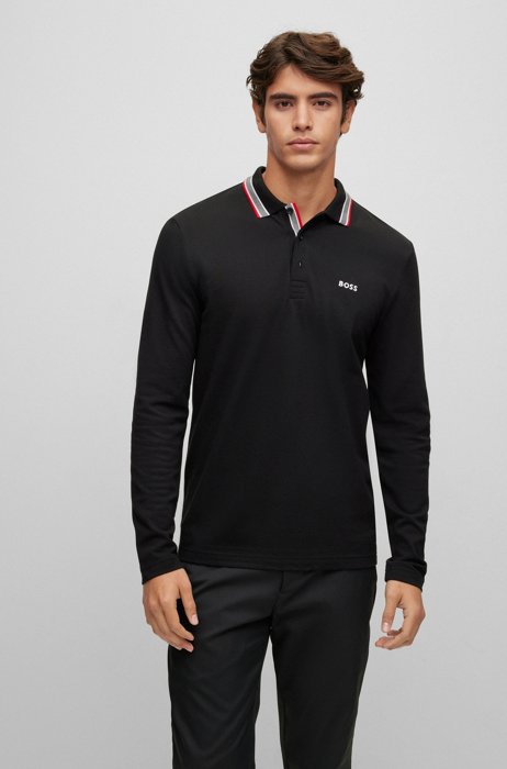 Cotton-piqué polo shirt with collar detailing, Black
