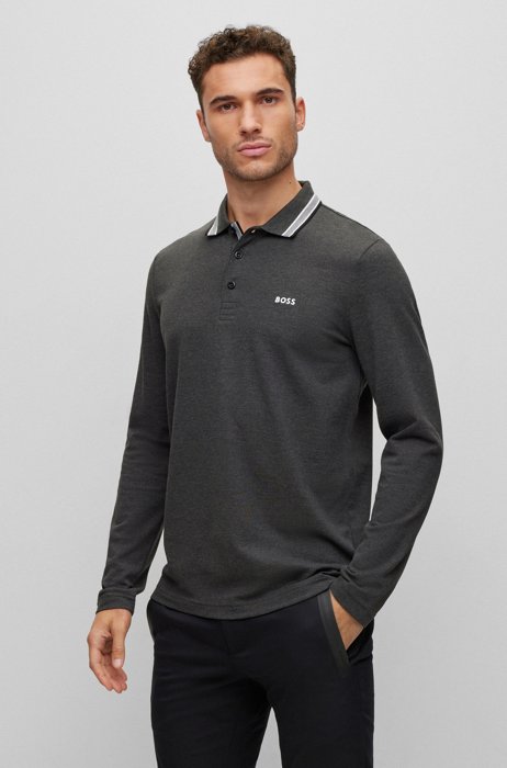 Cotton-piqué polo shirt with collar detailing, Dark Grey