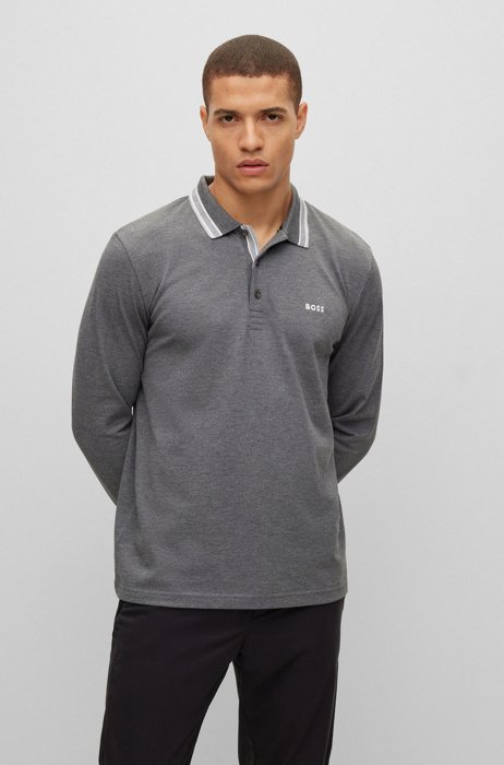 Cotton-piqué polo shirt with collar detailing, Grey