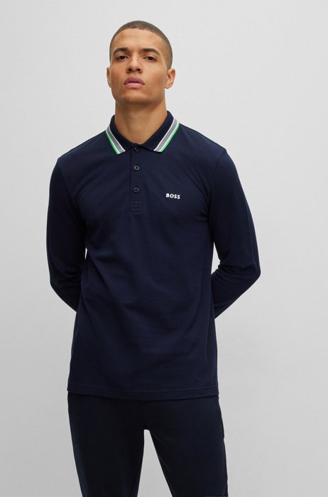Cotton-piqué polo shirt with collar detailing, Dark Blue