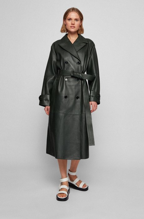 Nappa-leather trench coat with stitch-detailed belt, Dark Green