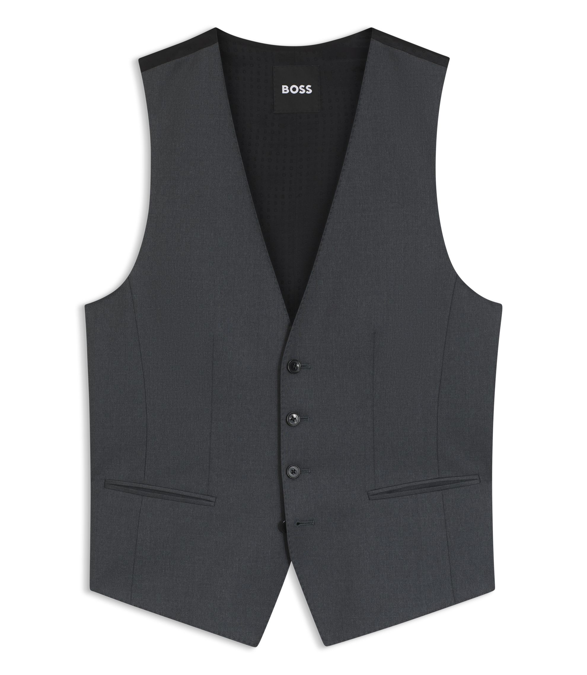 BOSS ダークグレー ノースリーブベスト BOSS - BOSS ONE Slim-fit waistcoat in virgin-wool serge - Dark Grey