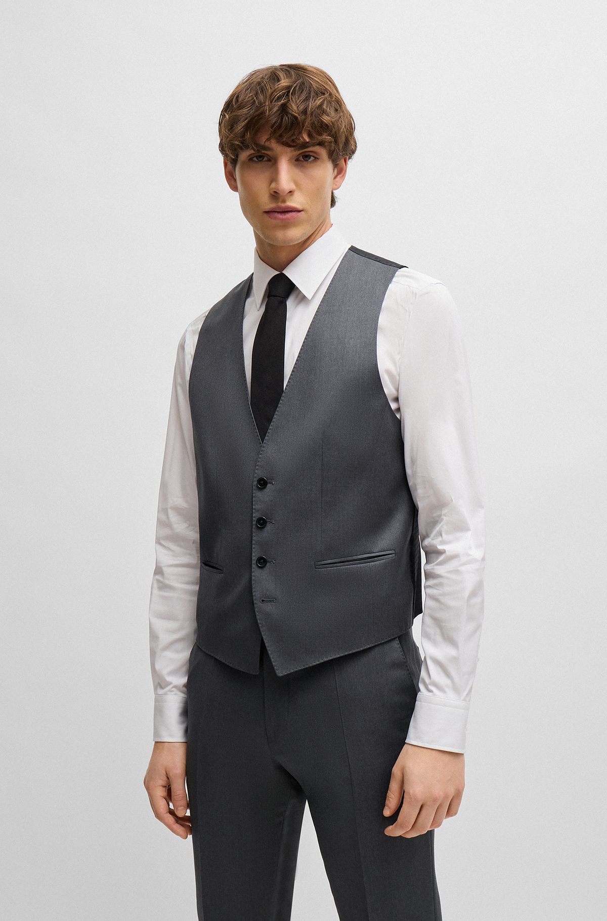 Slim-fit waistcoat in virgin-wool serge, Dark Grey