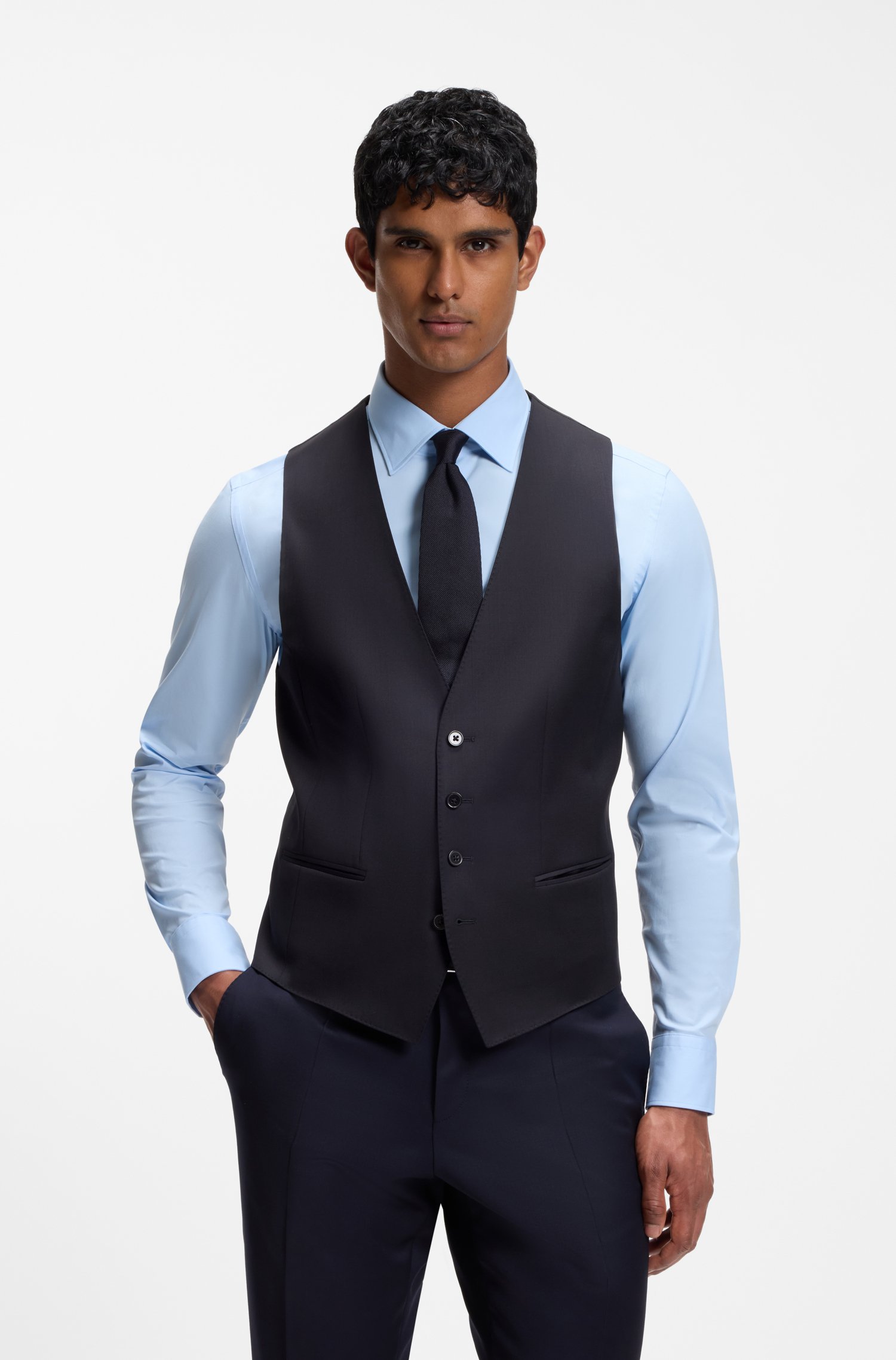 Boss ONE Slim-fit waistcoat in virgin-wool serge västar herr