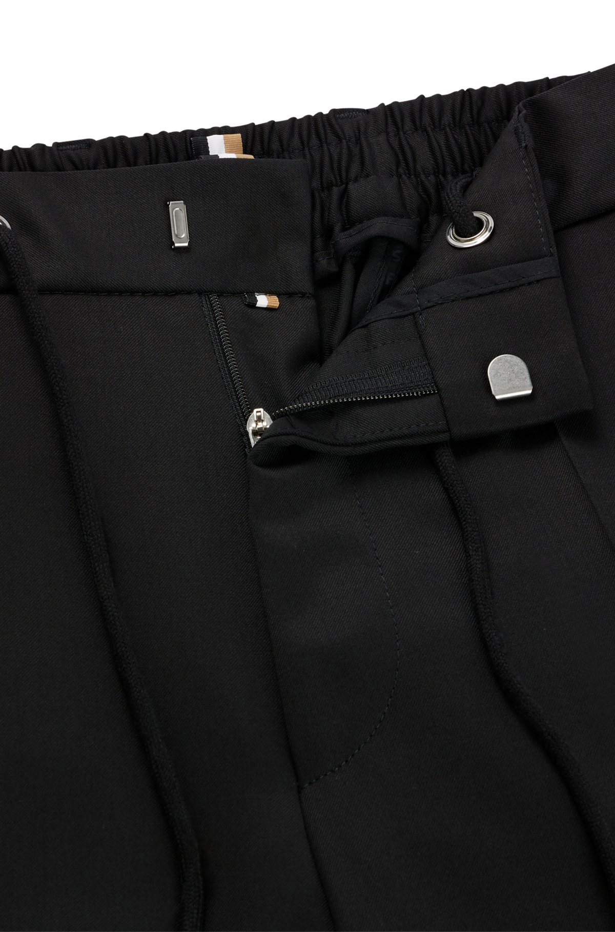 Pantalon Slim Fit en laine vierge avec taille à cordon de serrage, Noir