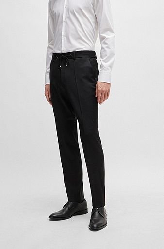 Slim-fit trousers in virgin wool with drawstring waist, Black