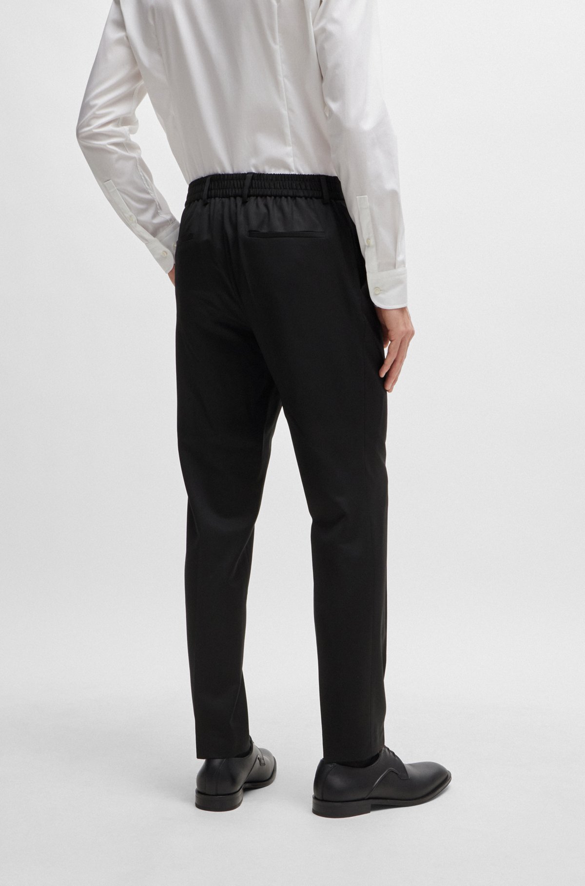 Slim-fit trousers in virgin wool with drawstring waist, Black