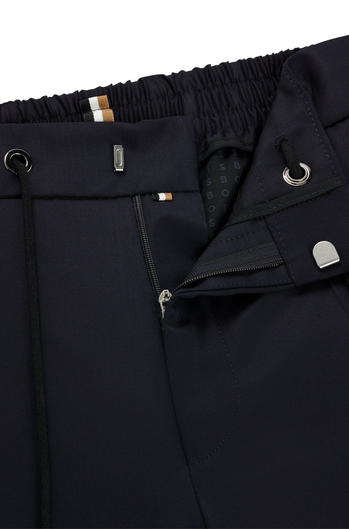 Slim-fit trousers in virgin wool with drawstring waist, Dark Blue