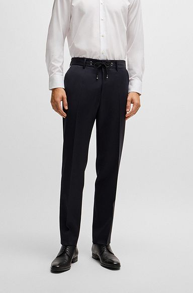 Slim-fit trousers in virgin wool with drawstring waist, Dark Blue