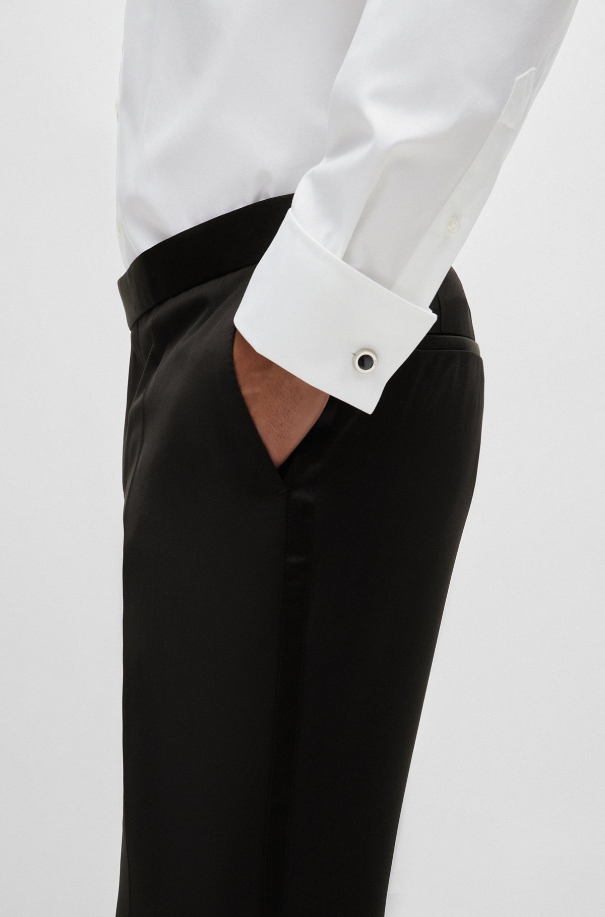 Slim-fit tuxedo trousers in virgin-wool serge, Black