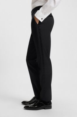 BOSS ONE Slim-fit tuxedo trousers in virgin-wool serge, Black