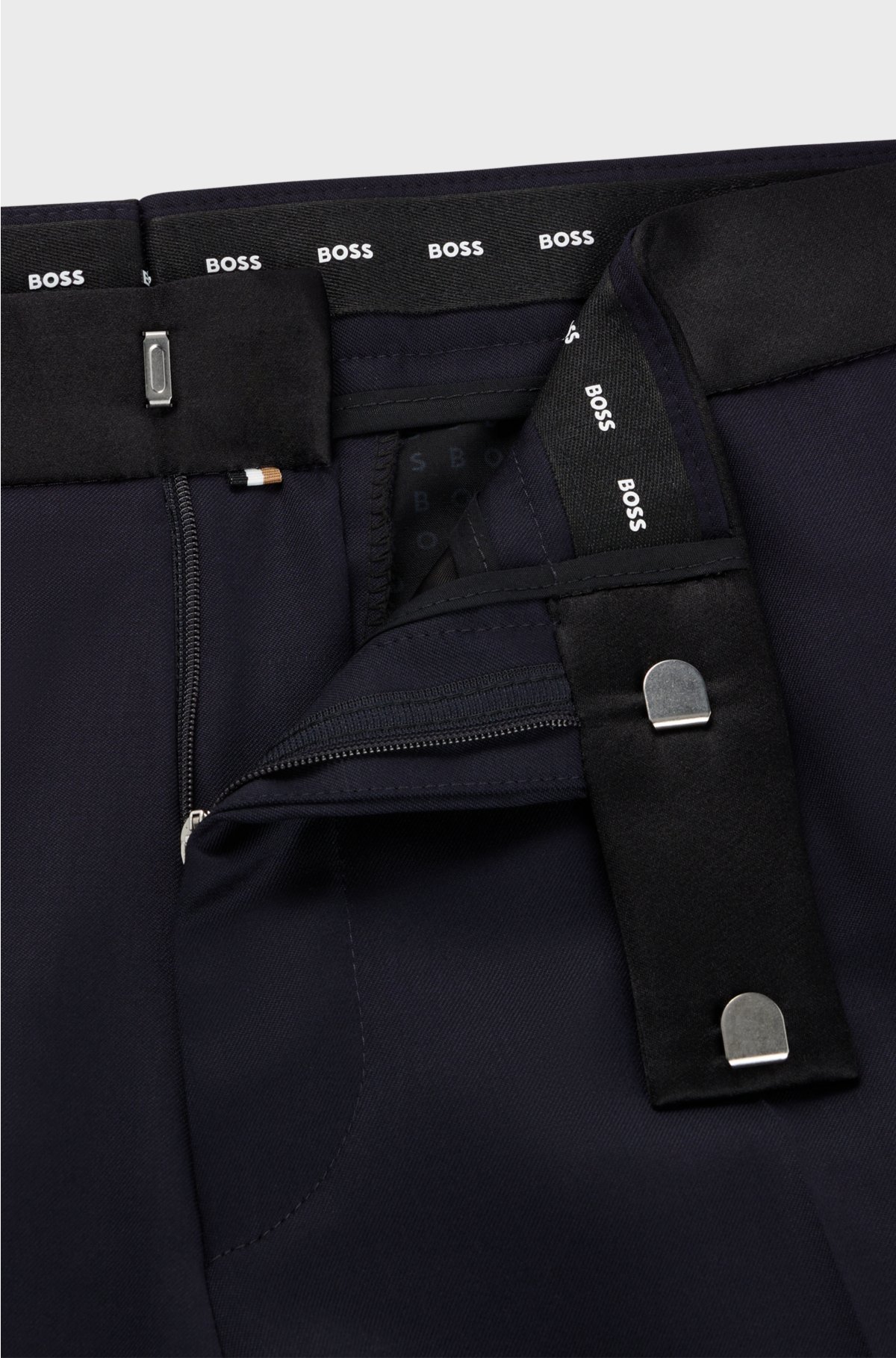 Slim-fit tuxedo trousers in virgin-wool serge, Dark Blue