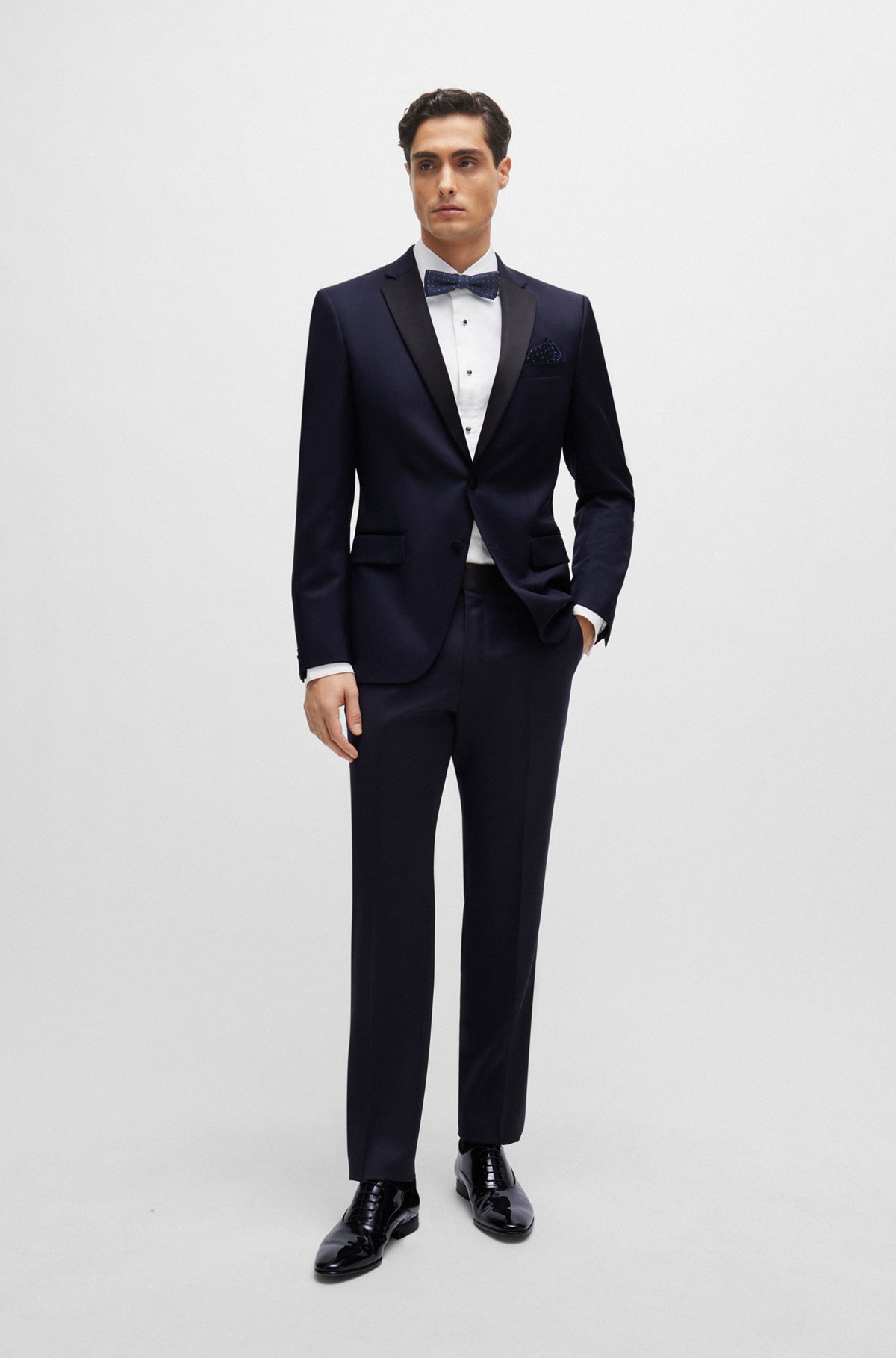 Slim-fit tuxedo trousers in virgin-wool serge, Dark Blue