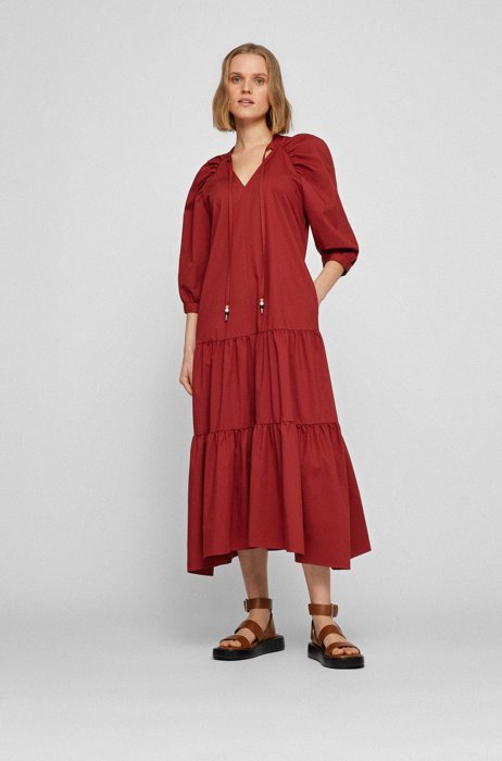 Longline cotton-blend dress with tiered skirt, Dark Red