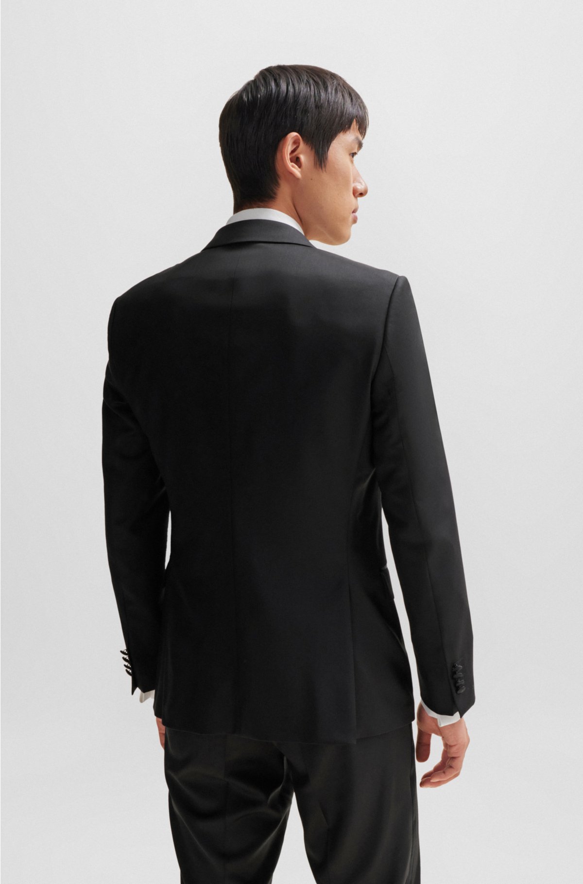 Slim-fit tuxedo jacket in virgin-wool serge, Black