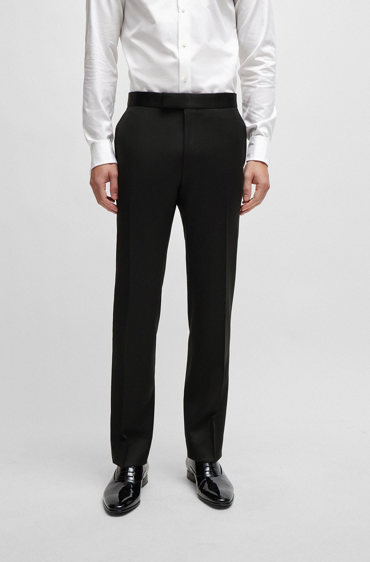 Pantalones de esmoquin regular fit en sarga de lana virgen, Negro