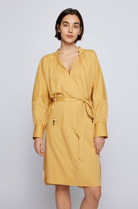 Belted cotton-blend dress with voluminous sleeves, Dark Yellow