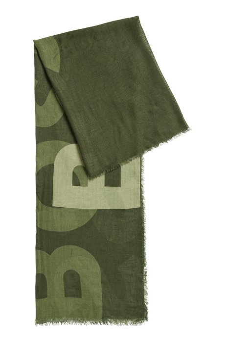 Square scarf with logo print and fringed edge, Dark Green