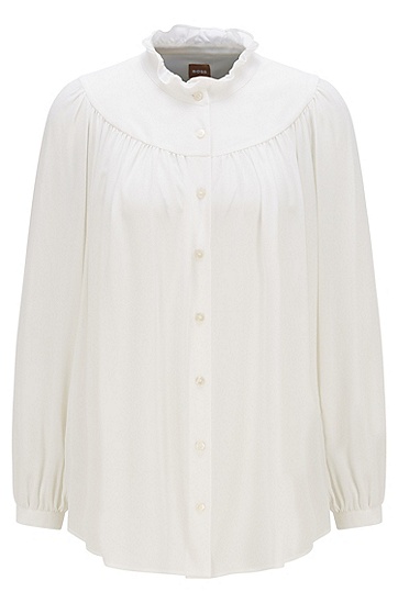 褶边衣领常规版型皱褶绉纱女士衬衫,  118_Open White