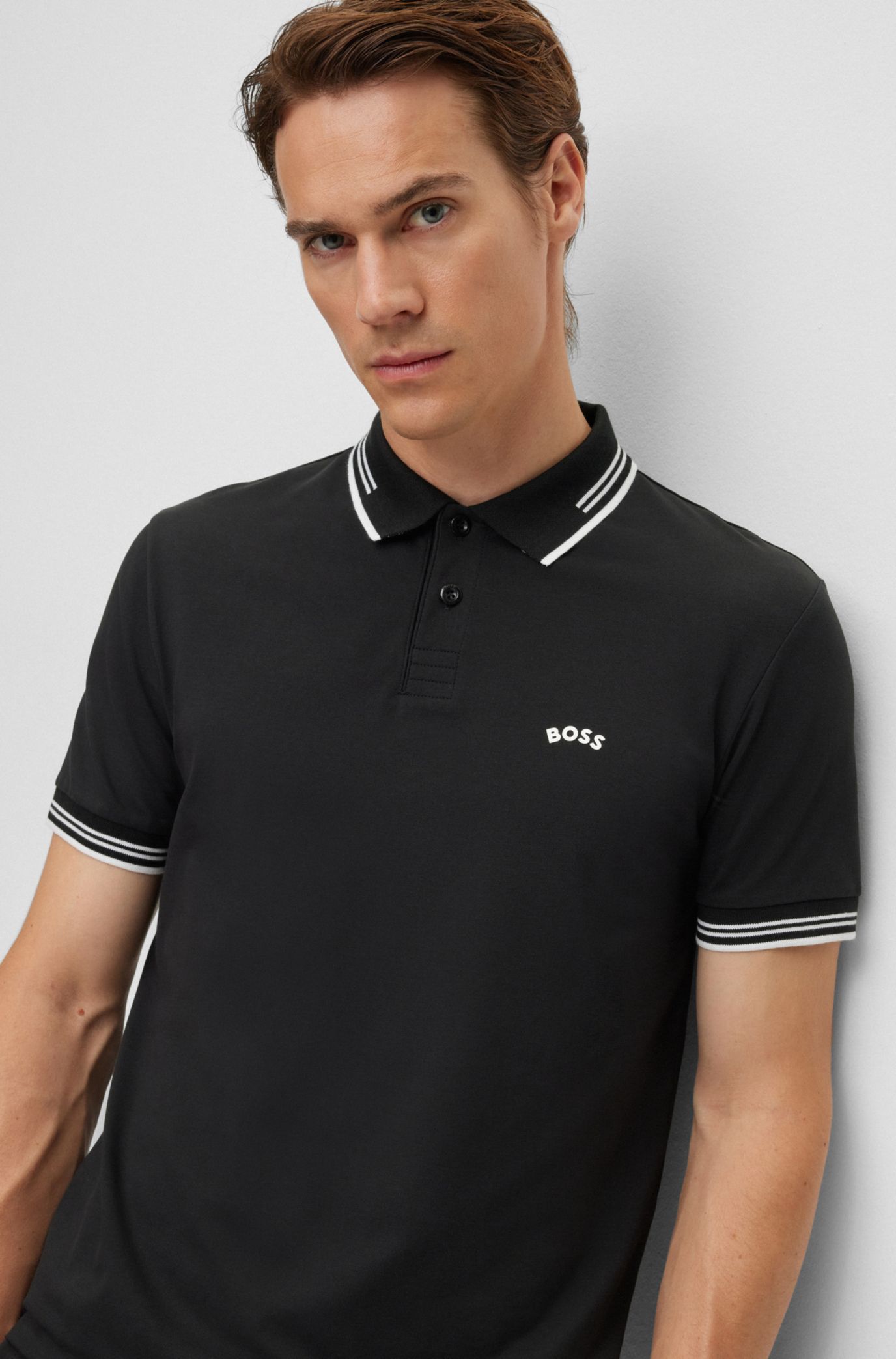 BOSS Stretch cotton slim fit polo shirt with curved logo