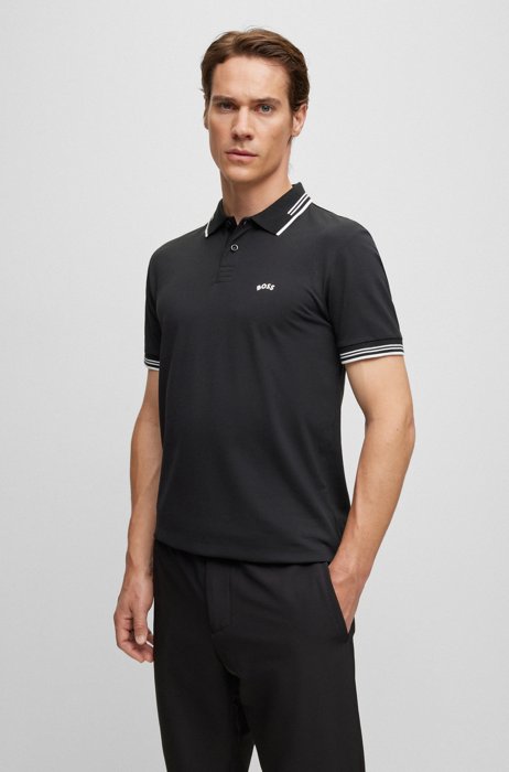 Slim-Fit Poloshirt aus Stretch-Baumwolle mit geschwungenem Logo, Schwarz