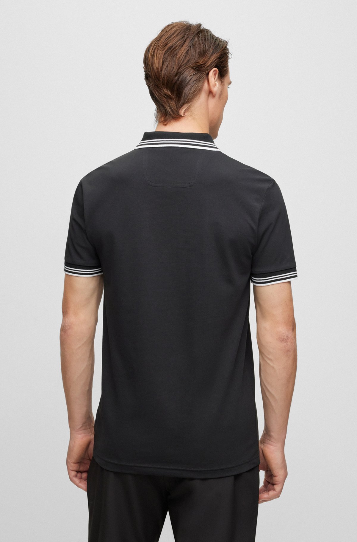 Stretch-cotton slim-fit polo shirt with curved logo, Black