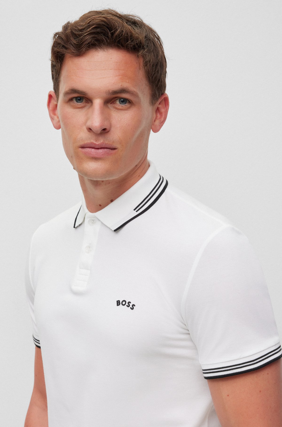 Stretch-cotton slim-fit polo shirt with curved logo, White