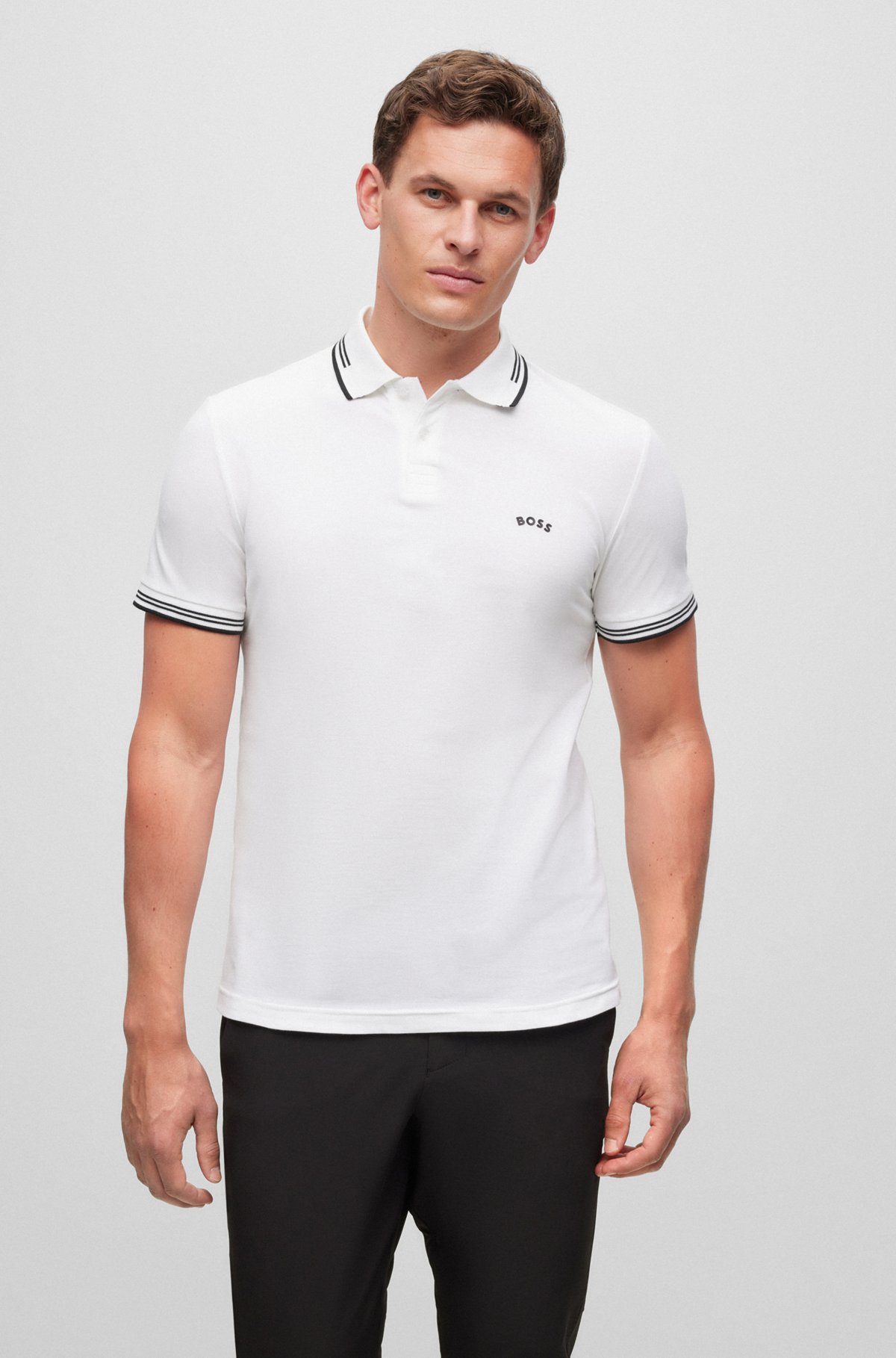 BOSS - Stretch-cotton slim-fit polo shirt curved logo