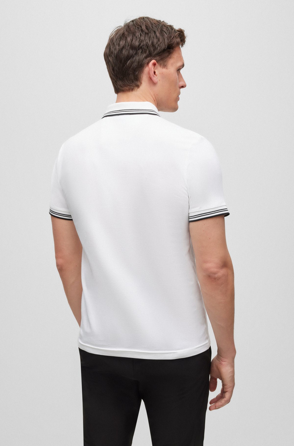 Stretch-cotton slim-fit polo shirt with curved logo, White