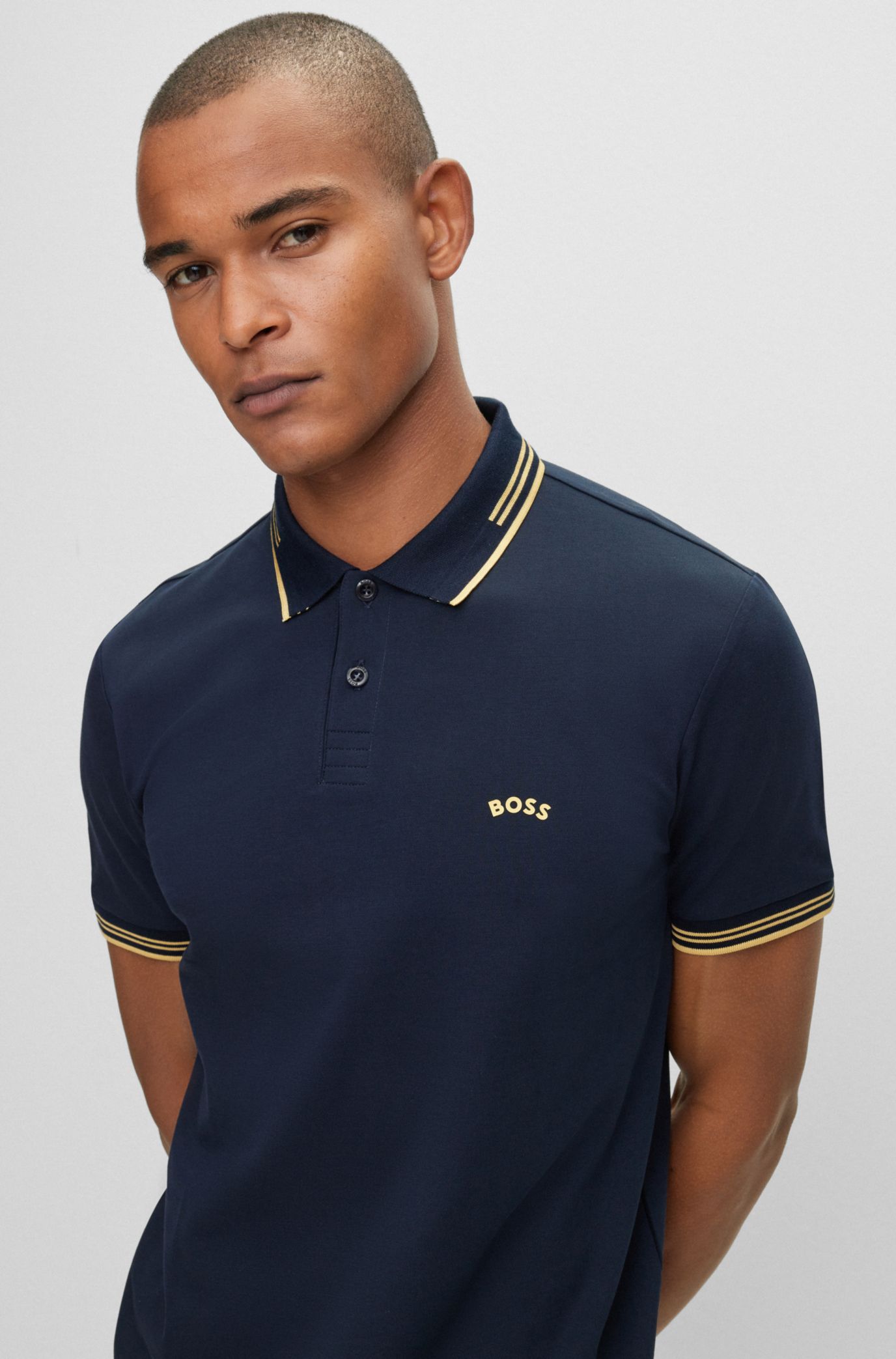 BOSS Stretch cotton slim fit polo shirt with curved logo