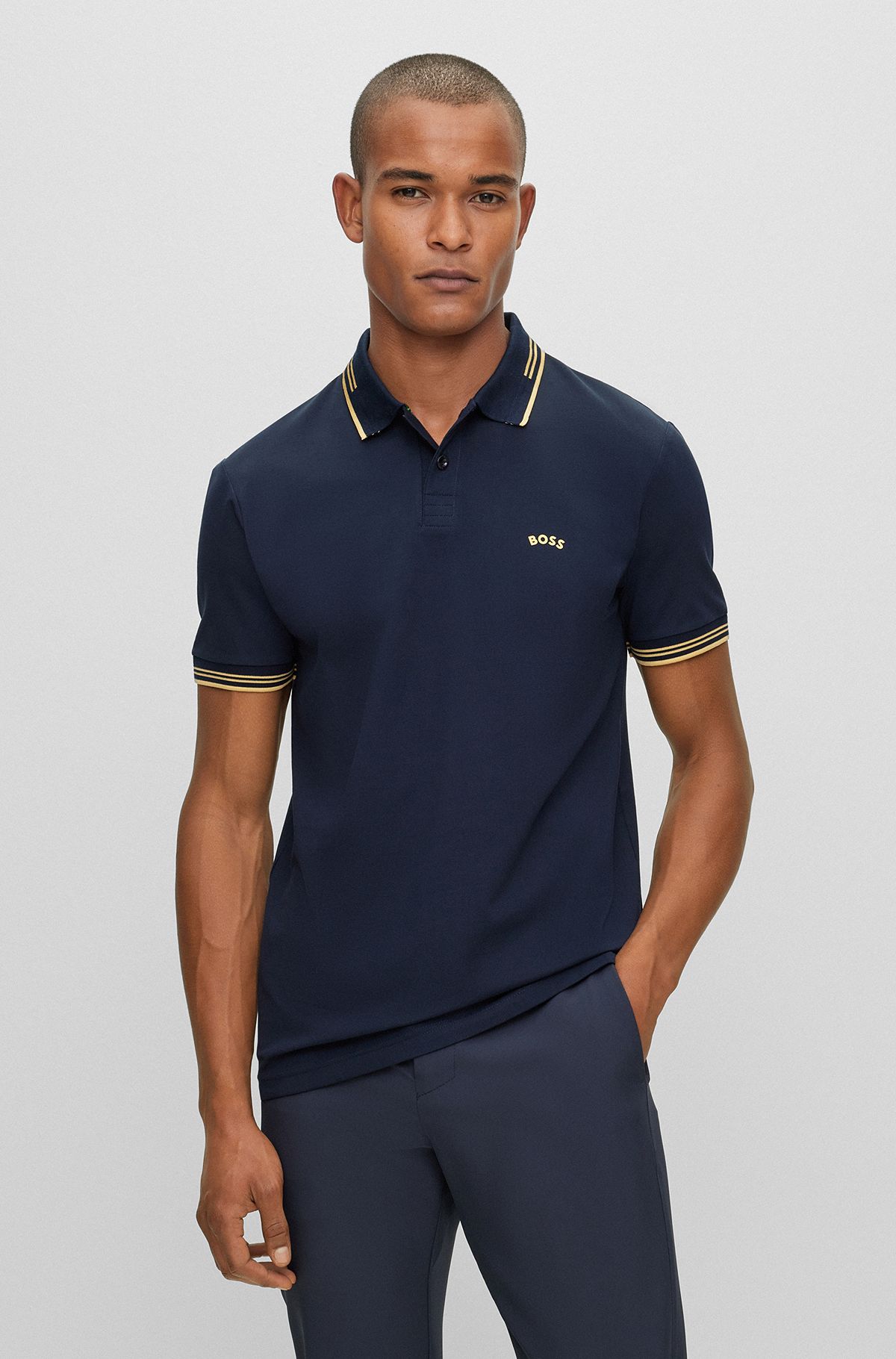 Stretch-cotton slim-fit polo shirt with curved logo, Dark Blue