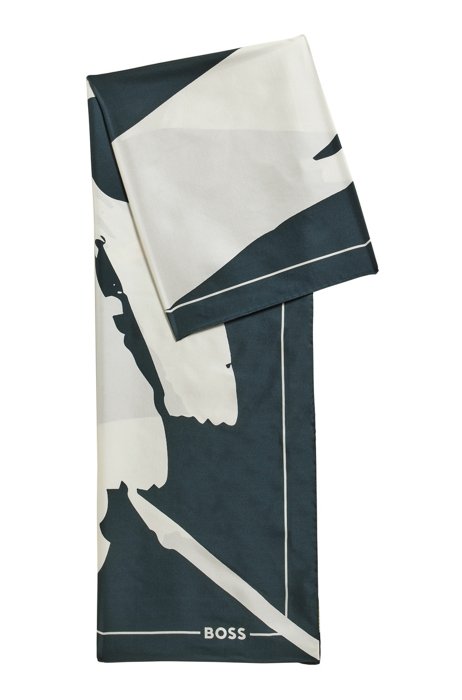 Silk scarf with seasonal print and logo, Blue Patterned