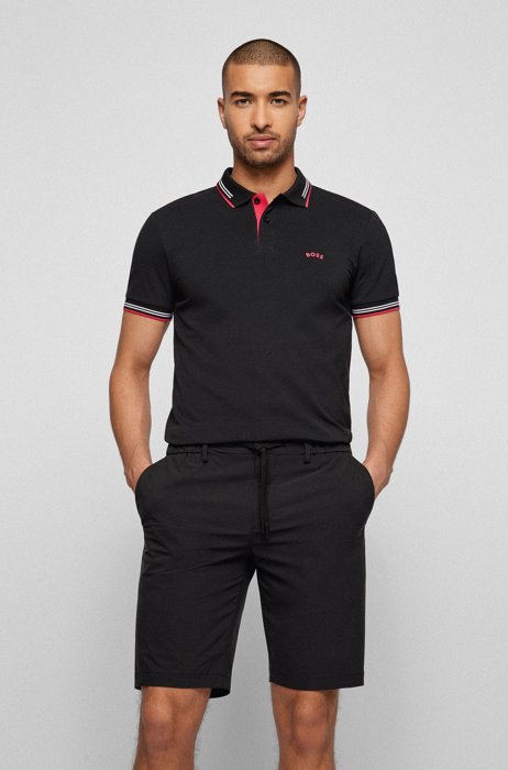 Curved-logo slim-fit polo shirt in stretch-cotton piqué, Black