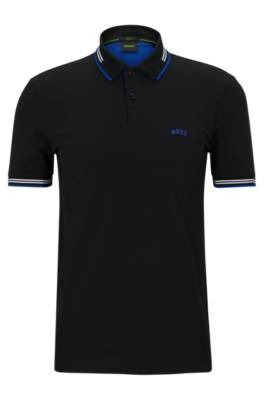 Hugo Boss Curved-logo Slim-fit Polo Shirt In Stretch-cotton Piqué In Black