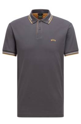 Hugo Boss Curved-logo Slim-fit Polo Shirt In Stretch-cotton Piqué In Gray