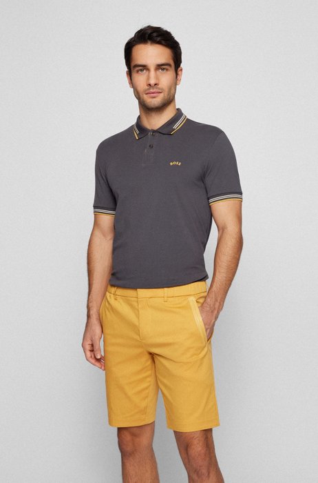 Curved-logo slim-fit polo shirt in stretch-cotton piqué, Dark Grey