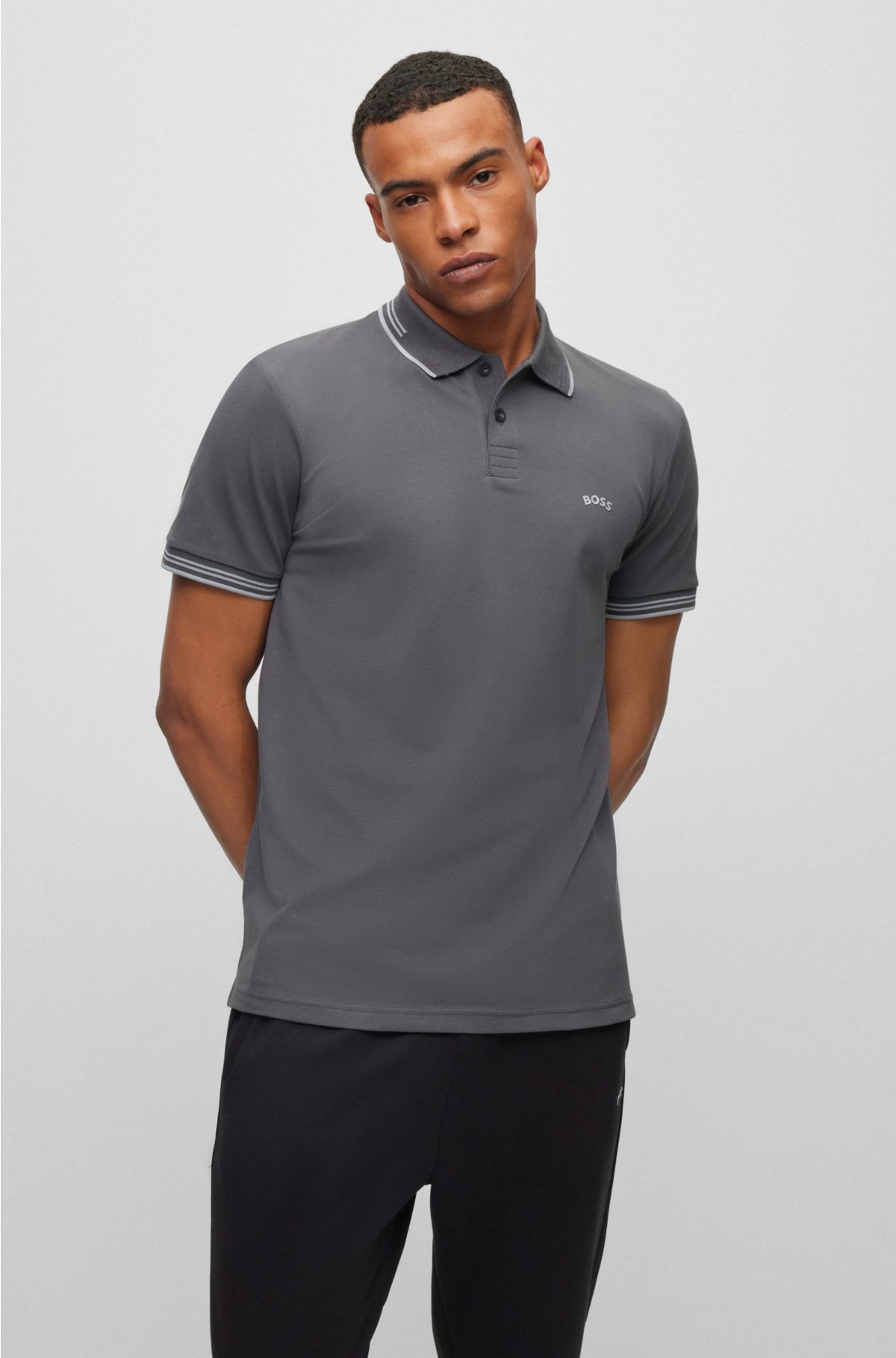 BOSS - Curved-logo slim-fit polo shirt in stretch-cotton piqué