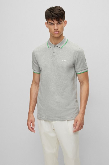 Curved-logo slim-fit polo shirt in stretch-cotton piqué, Light Grey