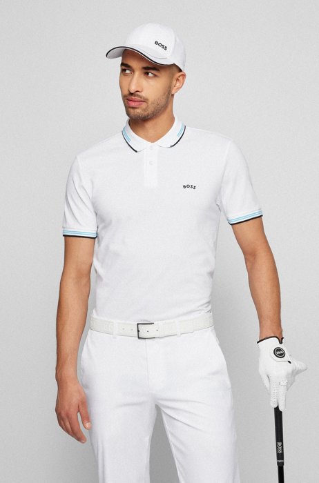 Curved-logo slim-fit polo shirt in stretch-cotton piqué, White
