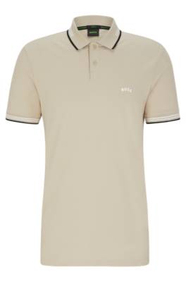 Hugo Boss Curved-logo Slim-fit Polo Shirt In Stretch-cotton Piqué In Neutral