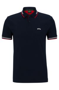 Curved-logo slim-fit polo shirt in stretch-cotton piqué, Dark Blue