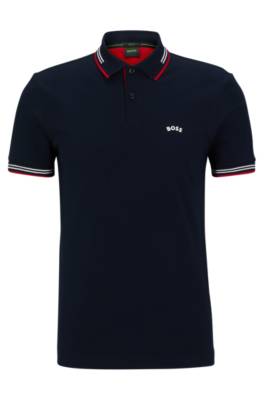 Hugo Boss Curved-logo Slim-fit Polo Shirt In Stretch-cotton Piqué In Black