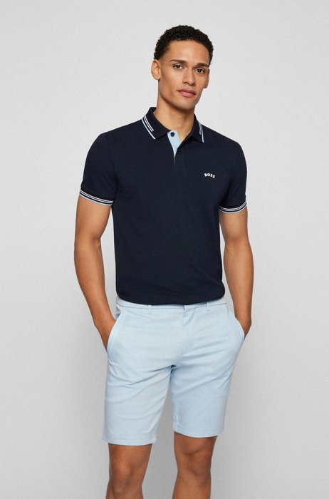 Curved-logo slim-fit polo shirt in stretch-cotton piqué, Dark Blue