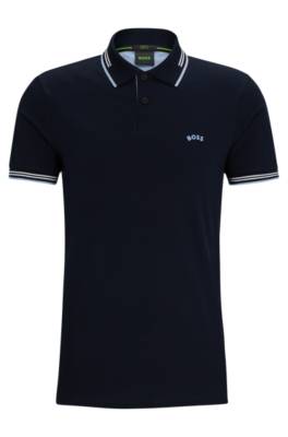 Hugo Boss Curved-logo Slim-fit Polo Shirt In Stretch-cotton Piqué In Blue