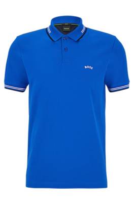 Hugo Boss Curved-logo Slim-fit Polo Shirt In Stretch-cotton Piqué In Blue