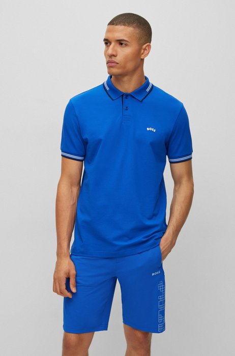Curved-logo slim-fit polo shirt in stretch-cotton piqué, Blue