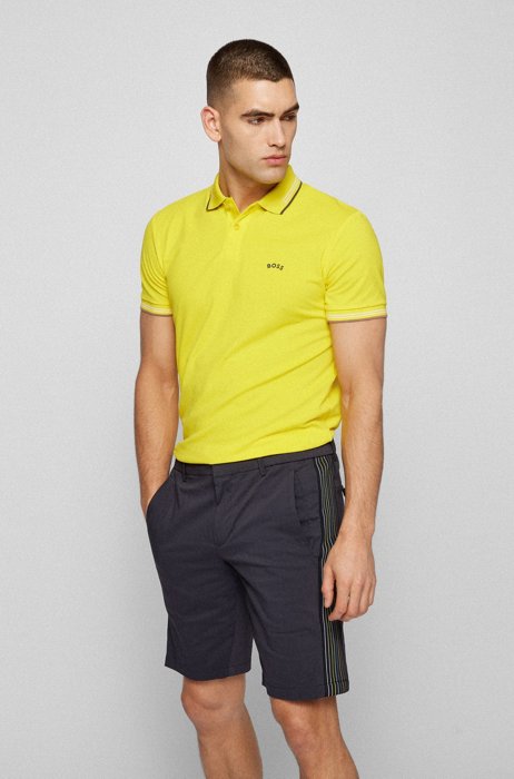Slim-Fit Poloshirt aus elastischem Baumwoll-Piqué mit geschwungenem Logo, Gelb