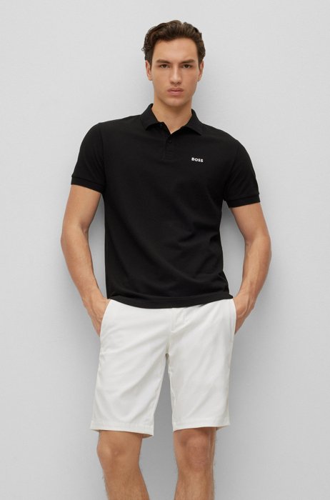 Organic-cotton polo shirt with contrast logo, Black