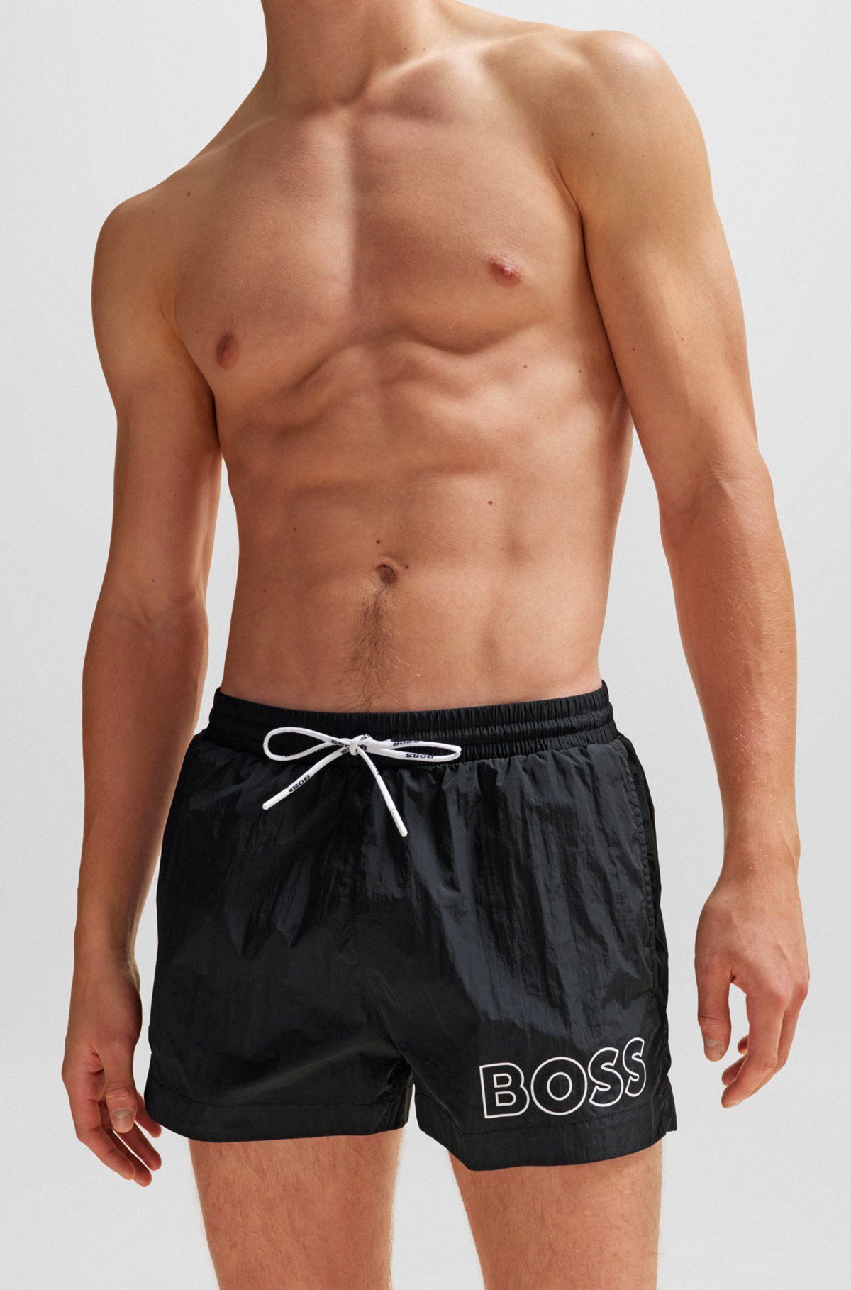 Quick-drying swim shorts with outline logo, Black