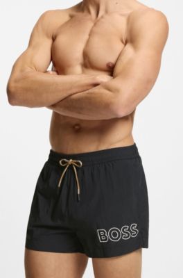 Badshorts med en tryckt konturlogga, Svart
